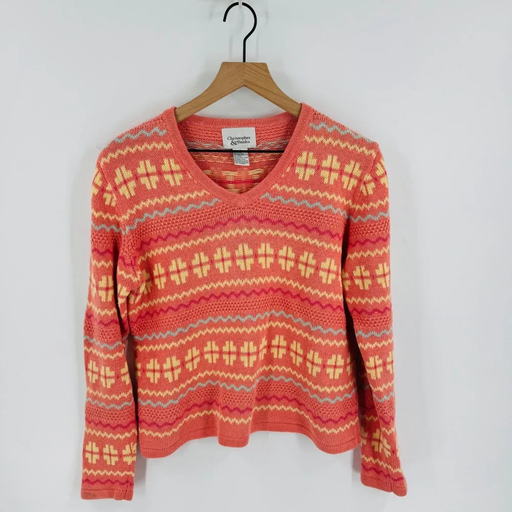 Vintage Coral Pink Geometric V-Neck Sweater Size‎ S Preppy Spring